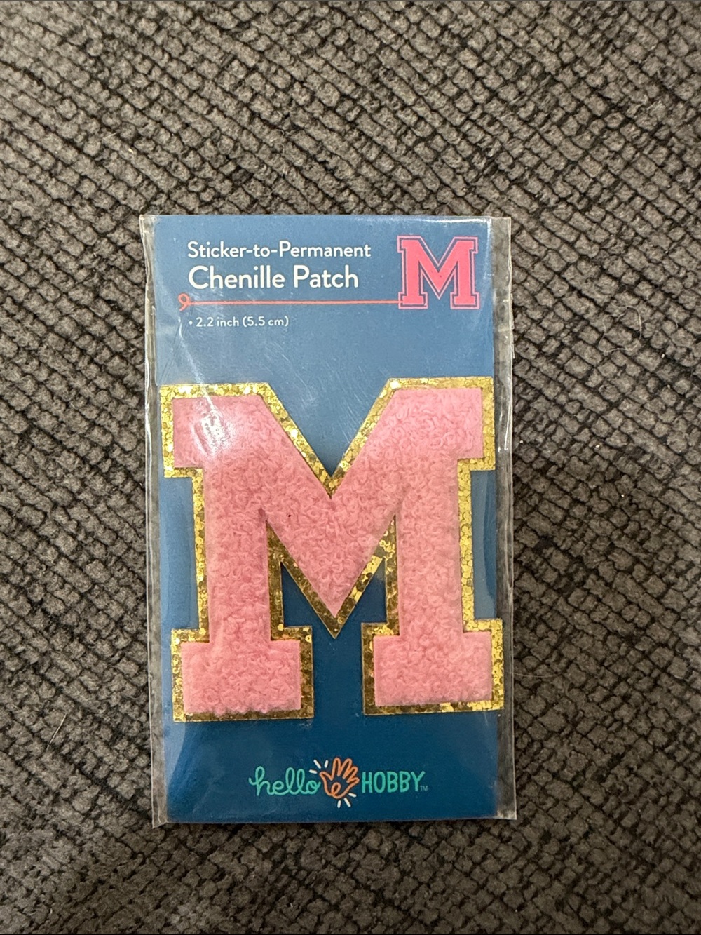 Pink Chenille 'M' Sticker Patch with Gold Trim